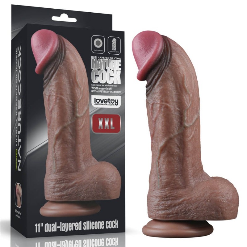 Dvoslojni dildo XXL od platinum silikona — 28 cm, prečnik 7,4 cm — LV411062