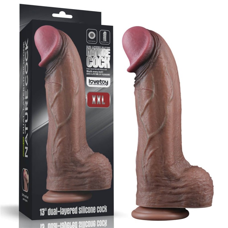 Dvoslojni dildo XXL od platinum silikona — 33 cm, prečnik 7,6 cm — LV411064